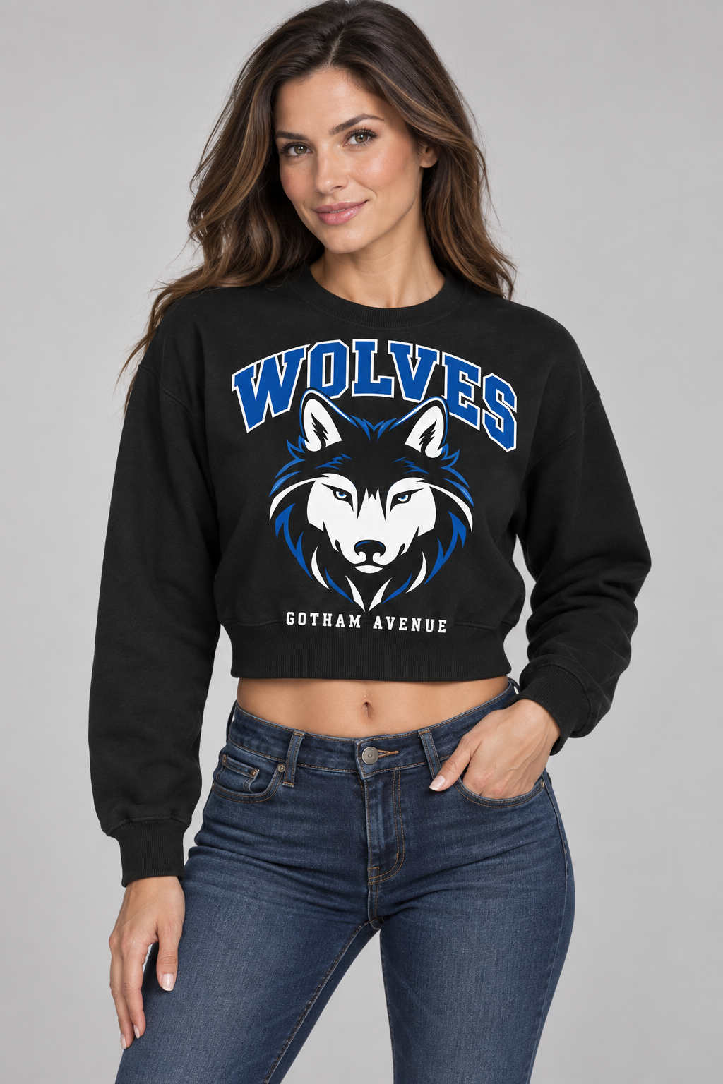 Gotham Avenue Wolves Women's Mascot Crop Sweatshirt — Model