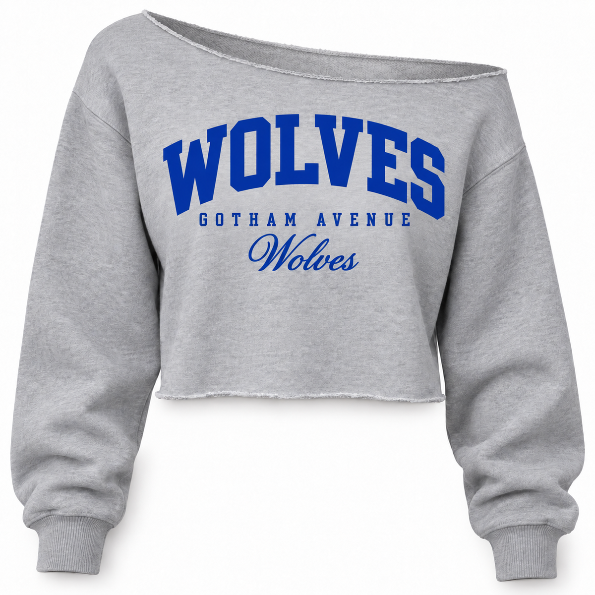 Gotham Avenue Wolves Women's Off-Shoulder Crop Sweatshirt — Heather Gray