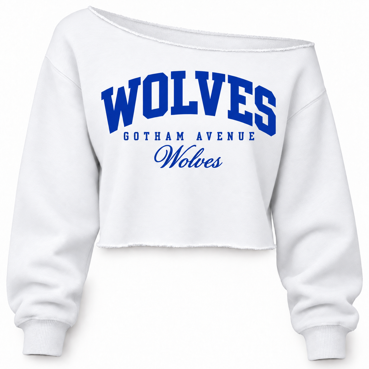 Gotham Avenue Wolves Women's Off-Shoulder Crop Sweatshirt — White