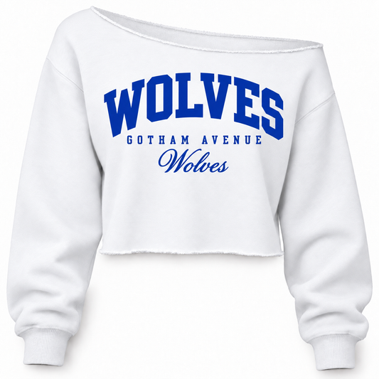 Gotham Avenue Wolves Women's Off-Shoulder Crop Sweatshirt — White