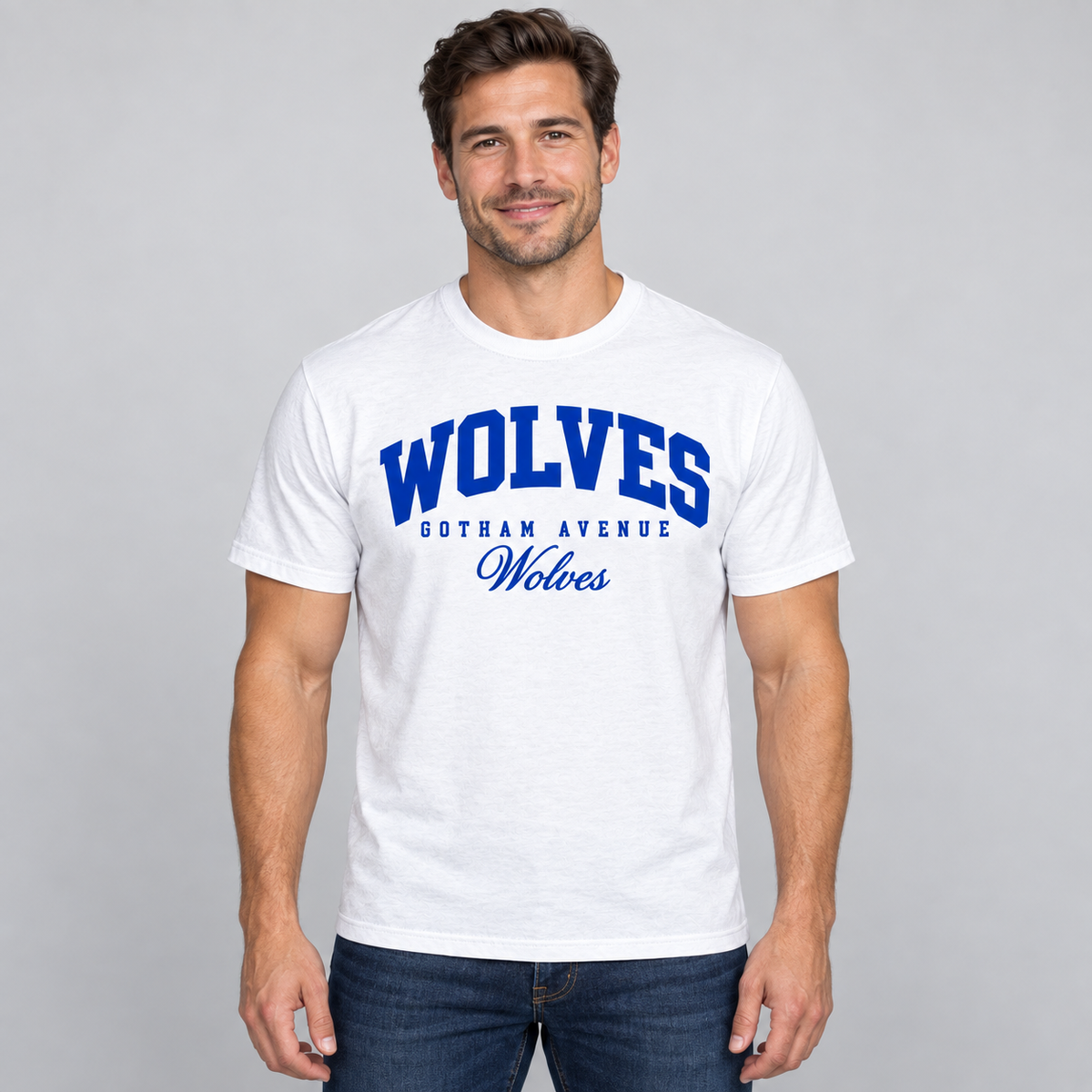 Gotham Avenue Wolves Collegiate Script Tee — Model
