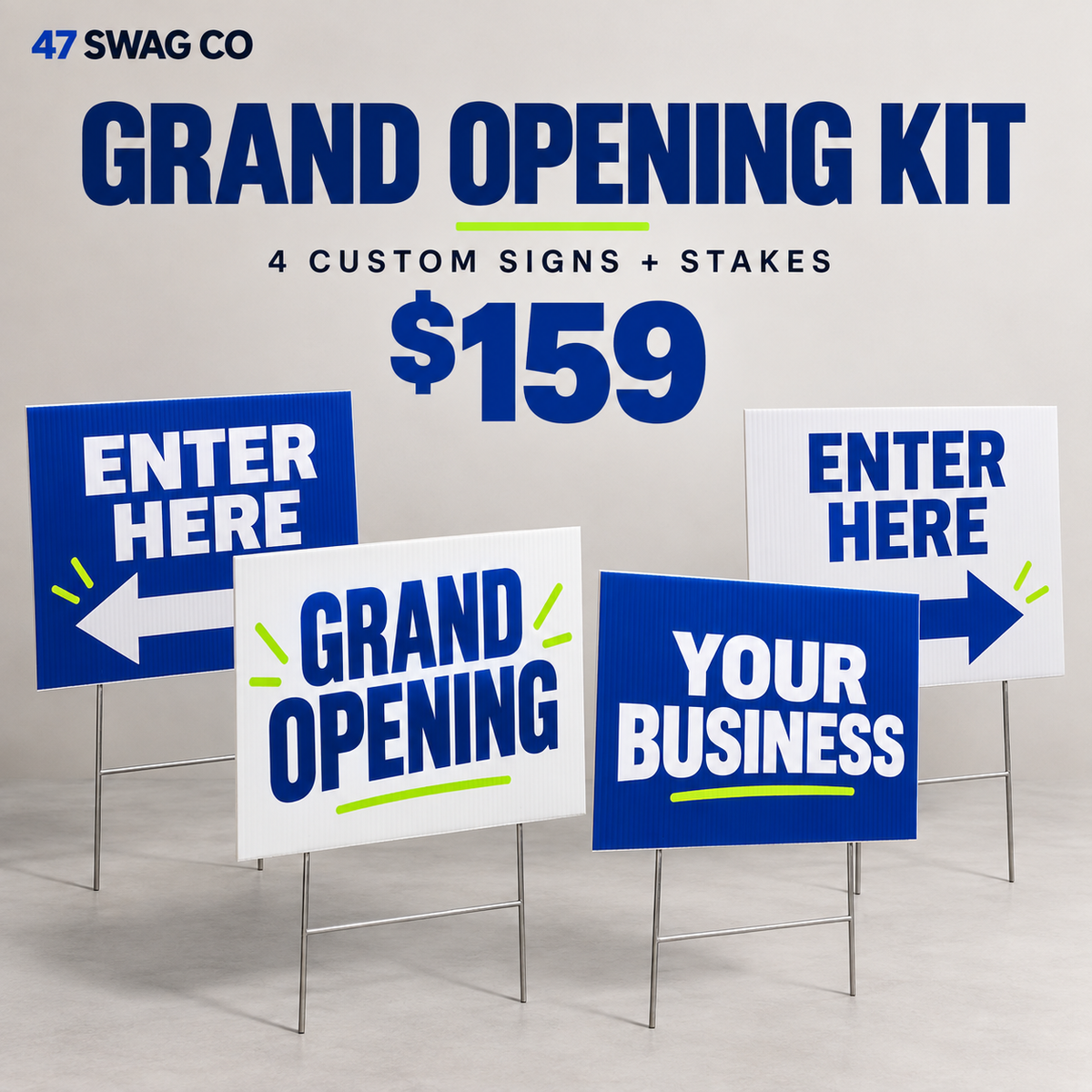 Grand Opening Yard Sign Kit — 4 Custom Signs with Stakes — sample personalized design, from $159