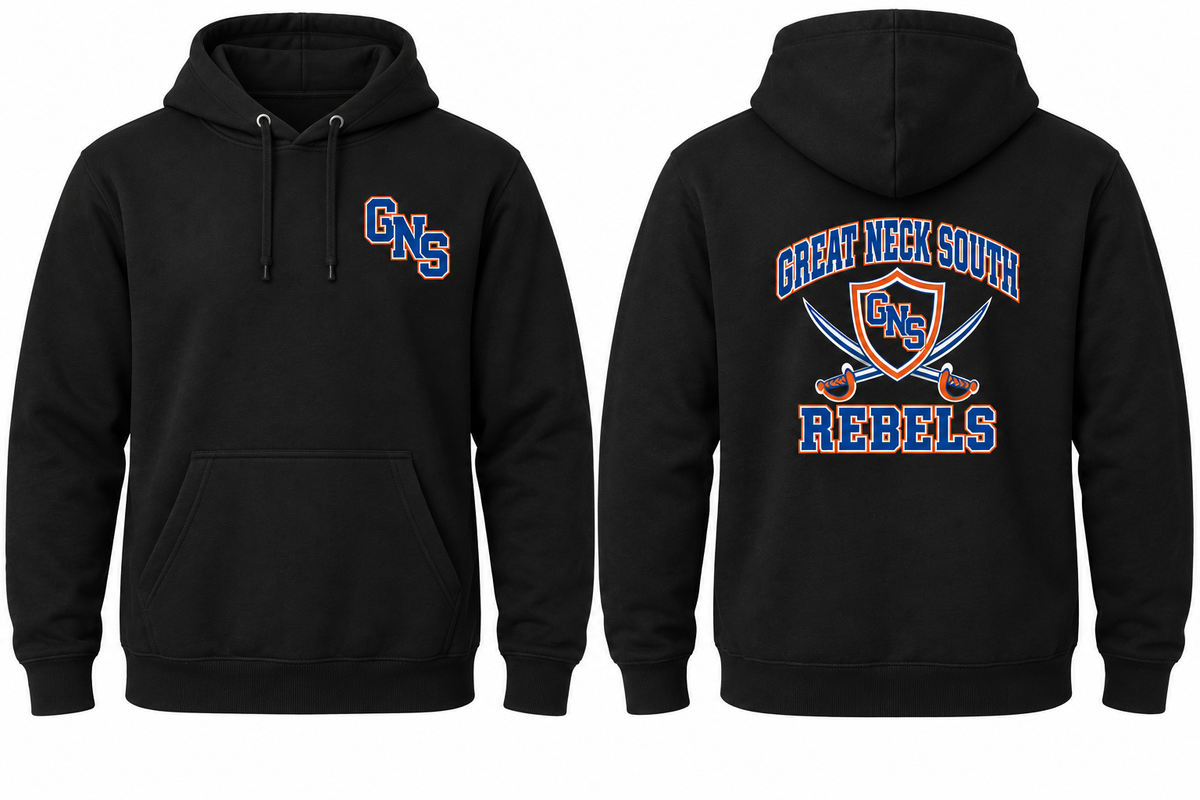 GREAT NECK SOUTH REBELS black hoodie front and back