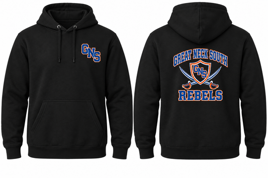 GREAT NECK SOUTH REBELS black hoodie front and back
