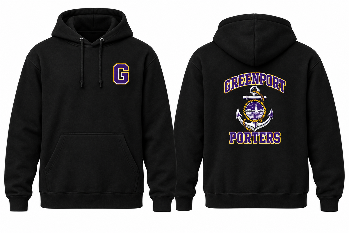 GREENPORT PORTERS black hoodie front and back