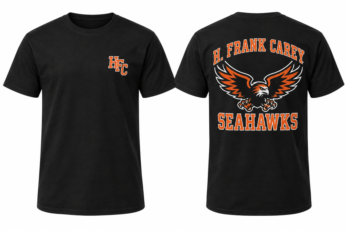 H. FRANK CAREY SEAHAWKS black tee front and back