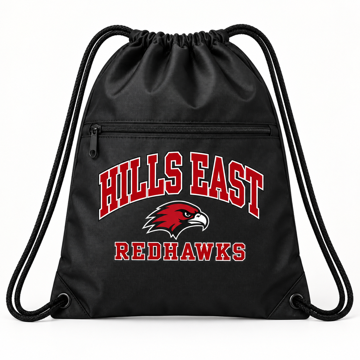 Half Hollow Hills East RedHawks Campus Polyester Zip-Pocket Drawstring Backpack — Black