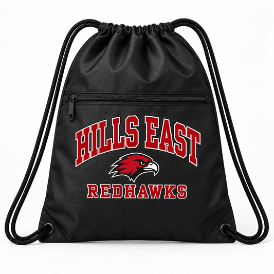 Half Hollow Hills East RedHawks Campus Polyester Zip-Pocket Drawstring Backpack — Black