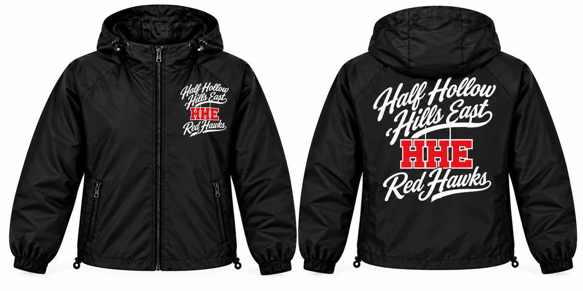 Half Hollow Hills East Red Hawks black full-zip windbreaker front and back