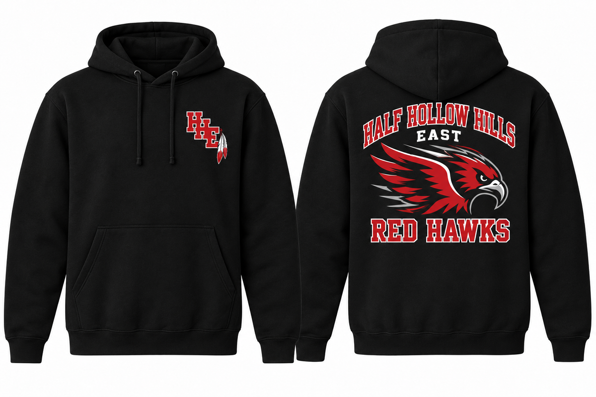 Half Hollow Hills East Red Hawks black Hoodie front and back concept