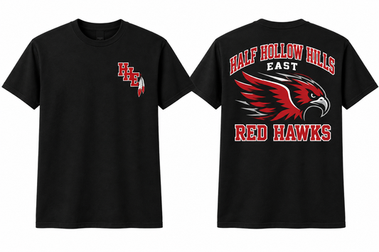 Half Hollow Hills East Red Hawks black Tee front and back concept