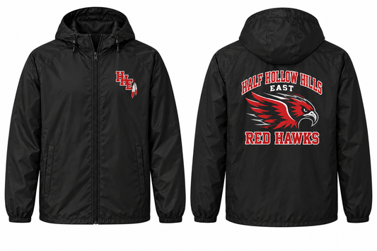 Half Hollow Hills East Red Hawks Varsity Windbreaker — Black front and back