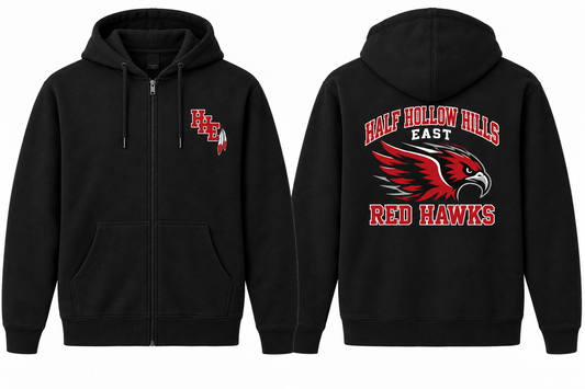 Half Hollow Hills East Red Hawks Varsity Zip-Up Hoodie — Black front and back
