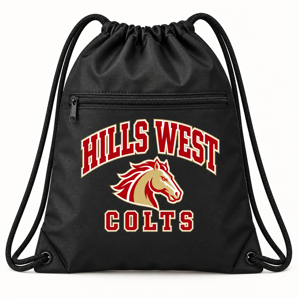 Half Hollow Hills West Colts Campus Polyester Zip-Pocket Drawstring Backpack — Black