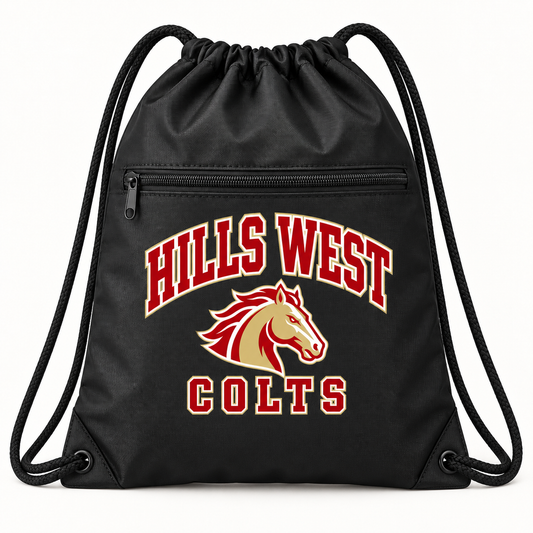 Half Hollow Hills West Colts Campus Polyester Zip-Pocket Drawstring Backpack — Black