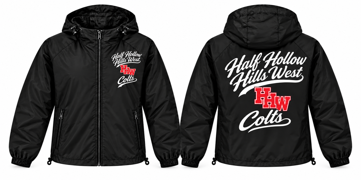 Half Hollow Hills West Colts black full-zip windbreaker front and back