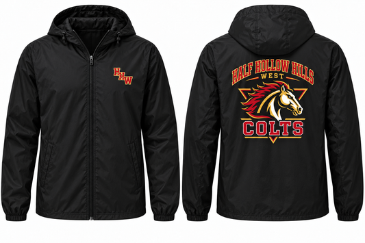 Half Hollow Hills West Colts Varsity Windbreaker — Black front and back