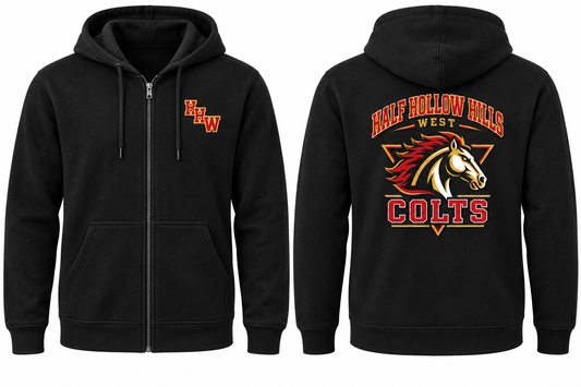 Half Hollow Hills West Colts Varsity Zip-Up Hoodie — Black front and back