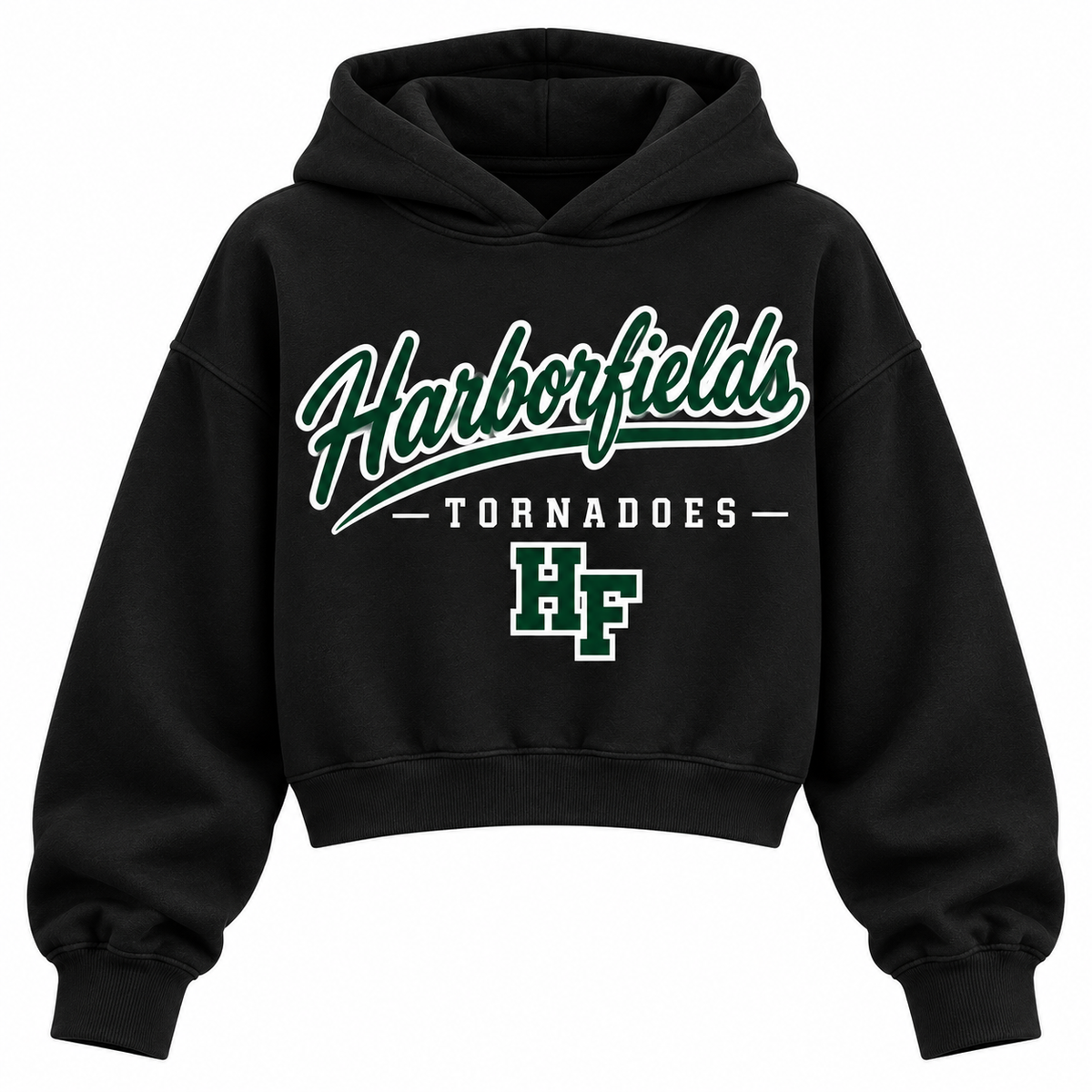 Harborfields Tornadoes black cropped hoodie with heritage school script and varsity monogram on front