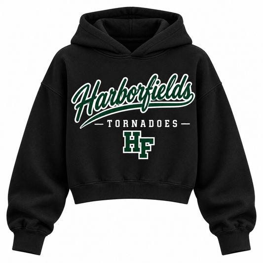 Harborfields Tornadoes black cropped hoodie with heritage school script and varsity monogram on front