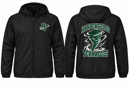 Harborfields Tornadoes Varsity Windbreaker — Black front and back