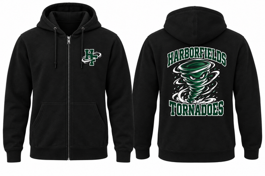 Harborfields Tornadoes Varsity Zip-Up Hoodie — Black front and back