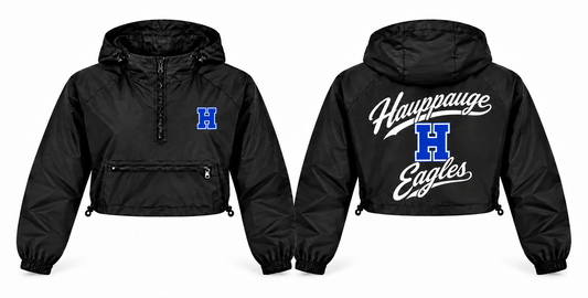 Hauppauge Eagles Women's Script Crop Windbreaker - Front & Back — revised design and available colors