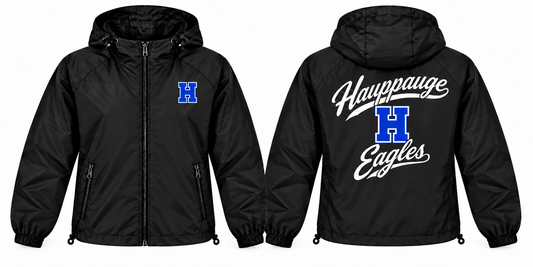 Hauppauge Eagles Adult Full-Zip Hooded Script Windbreaker - Front & Back — revised design and available colors