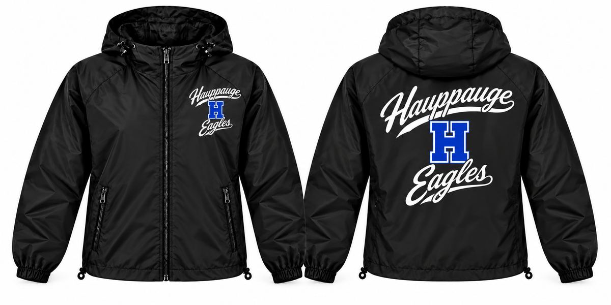 Hauppauge Eagles black full-zip windbreaker front and back