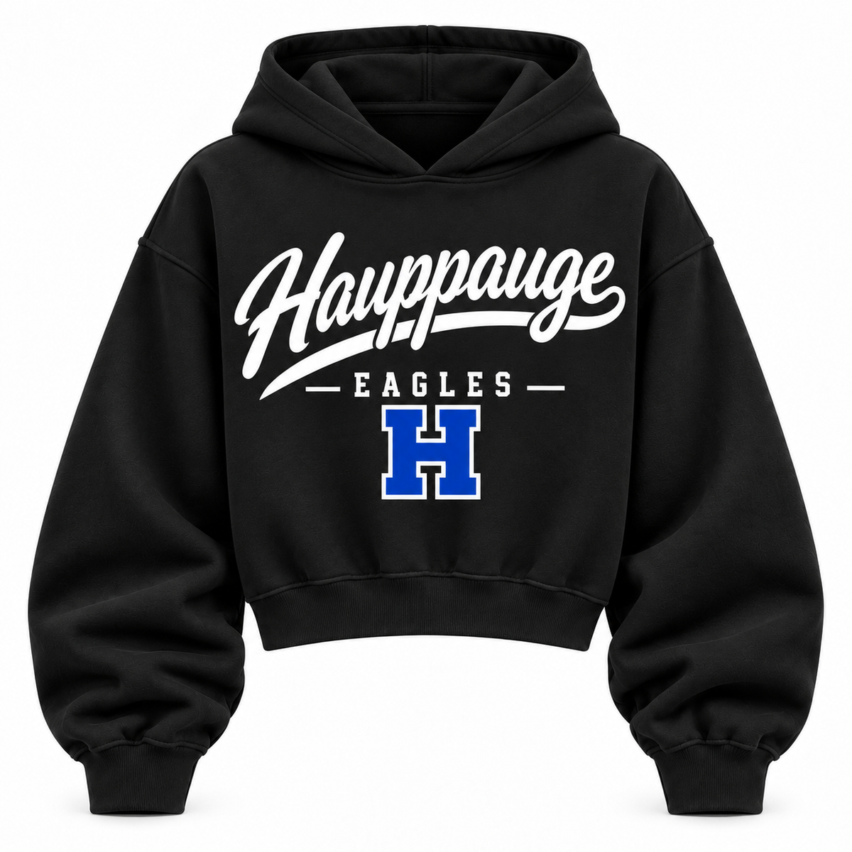 Hauppauge Eagles black cropped hoodie with heritage school script and varsity monogram on front