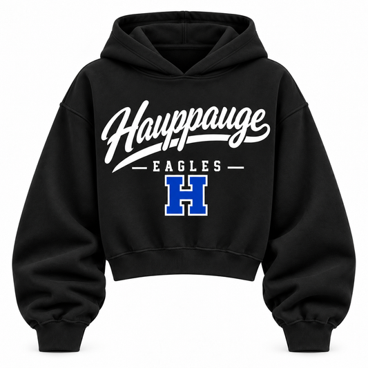 Hauppauge Eagles black cropped hoodie with heritage school script and varsity monogram on front