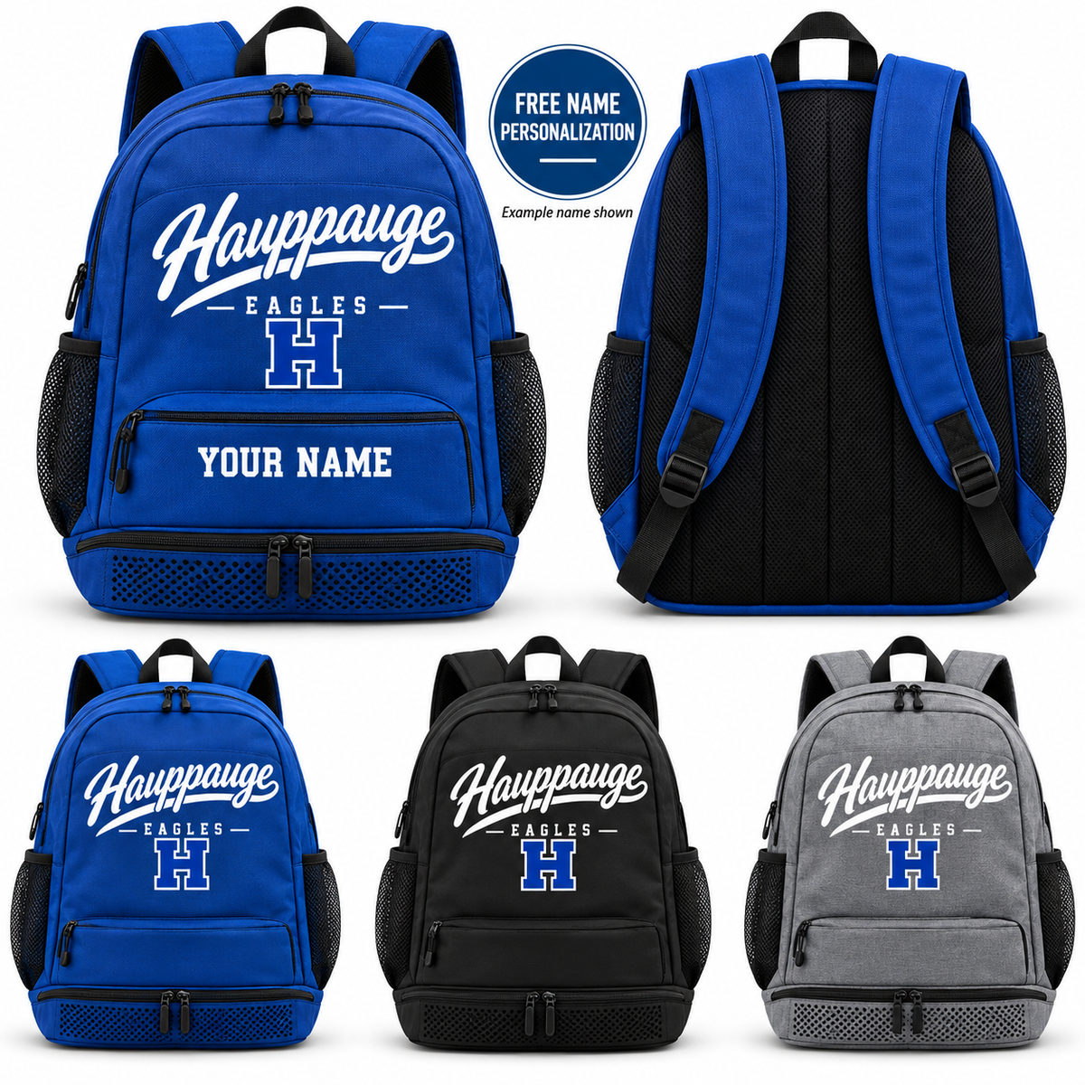 Hauppauge Eagles Sport-Tek BST200 Script Sport Backpack, Royal Blue, Black, Heather Gray, front design and YOUR NAME example