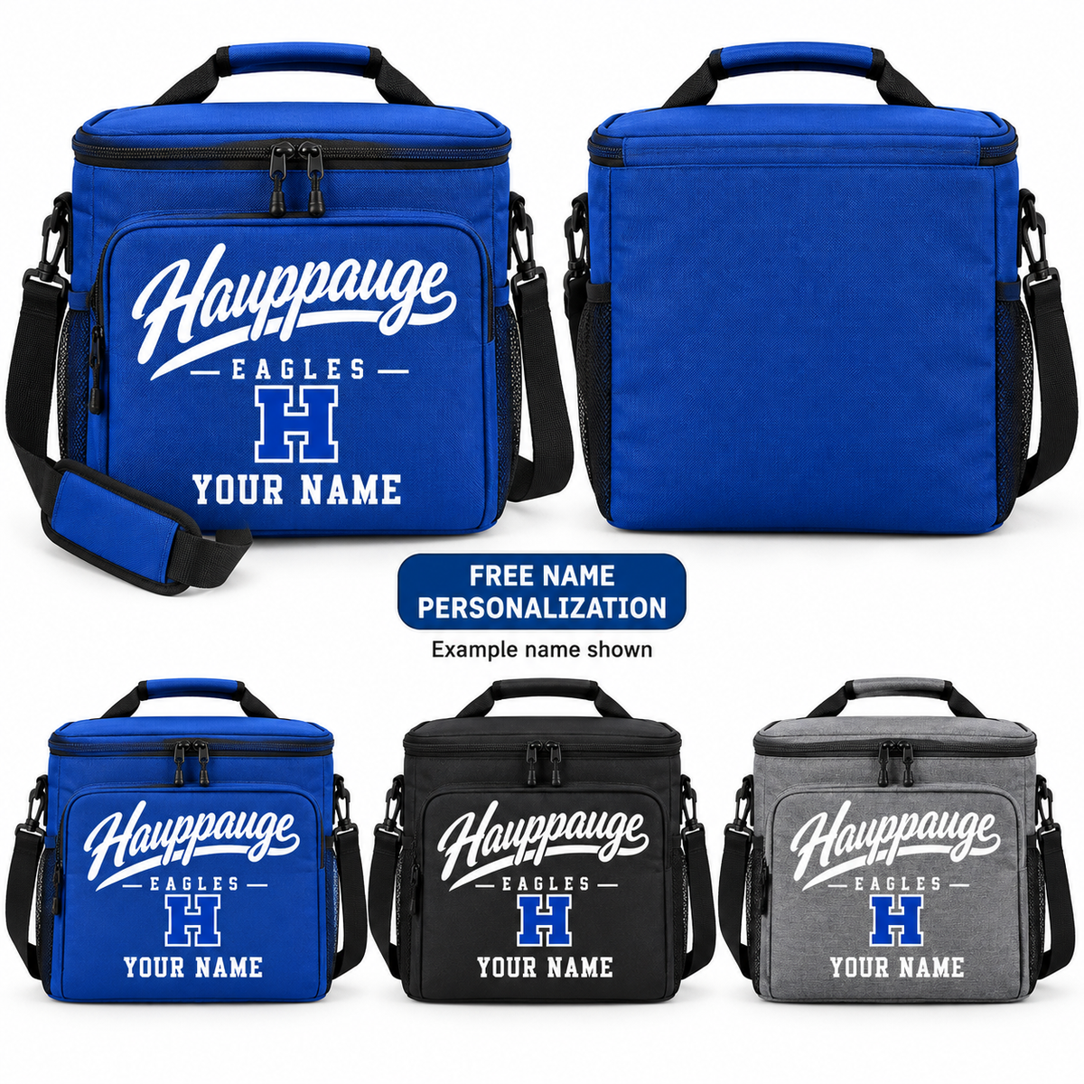 Hauppauge Eagles Script Insulated Cooler Bag, Royal Blue, Black, Heather Gray, front design and YOUR NAME example