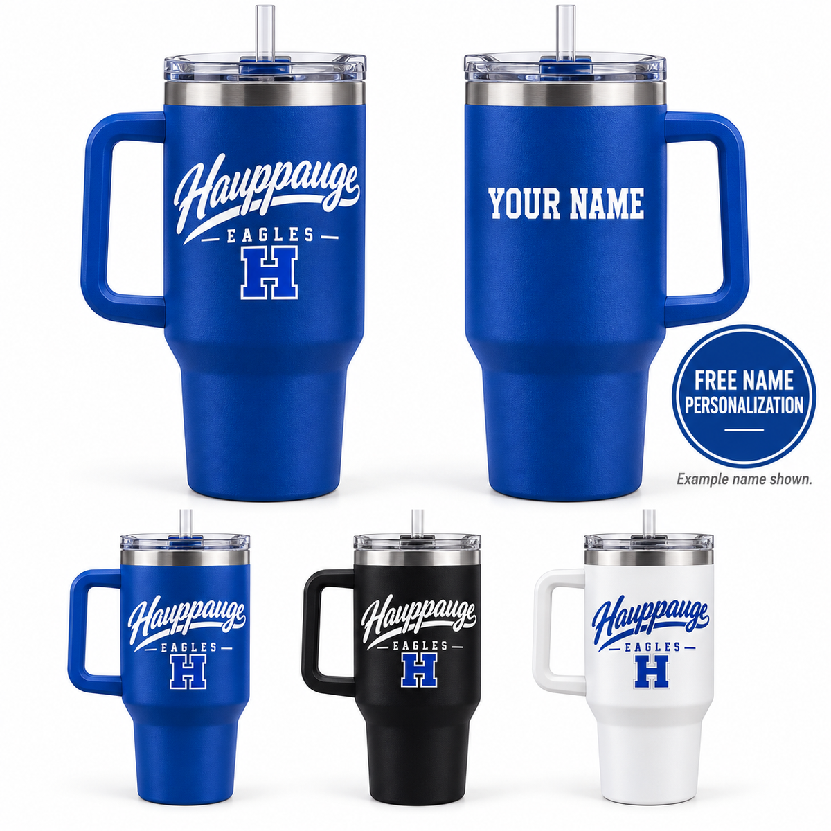 Hauppauge Eagles Script 40 oz Handled Tumbler, Royal Blue, Black, White, front design and YOUR NAME example