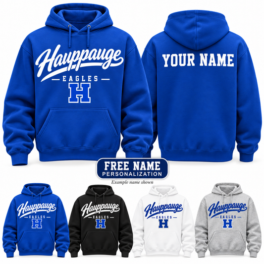 Hauppauge Eagles Youth Signature Script Personalized Hoodie, Royal Blue, Black, White, Heather Gray, front design and YOUR NAME example