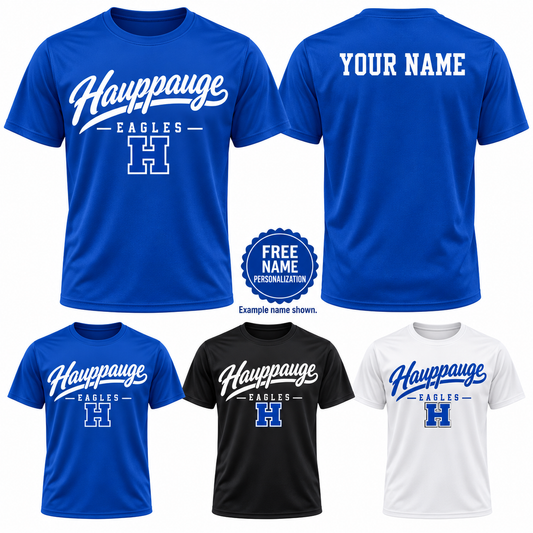 Hauppauge Eagles Youth Script Performance T-Shirt, Royal Blue, Black, White, front design and YOUR NAME example