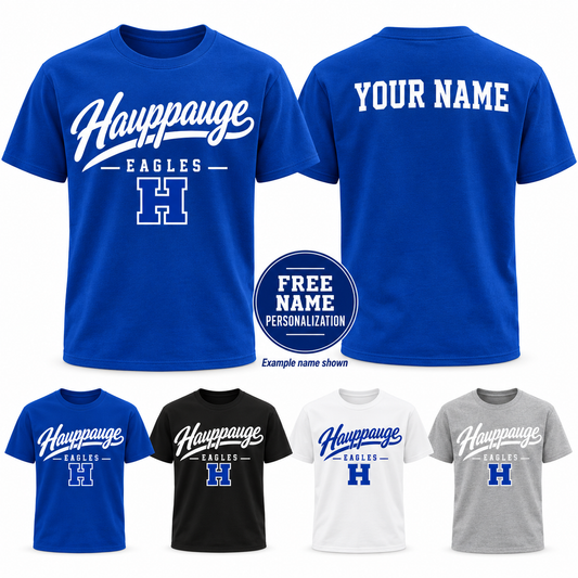 Hauppauge Eagles Youth Signature Script T-Shirt, Royal Blue, Black, White, Heather Gray, front design and YOUR NAME example