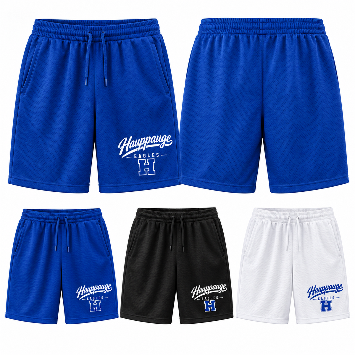 Hauppauge Eagles Youth 9-Inch Pocket Athletic Shorts, Royal Blue, Black, White