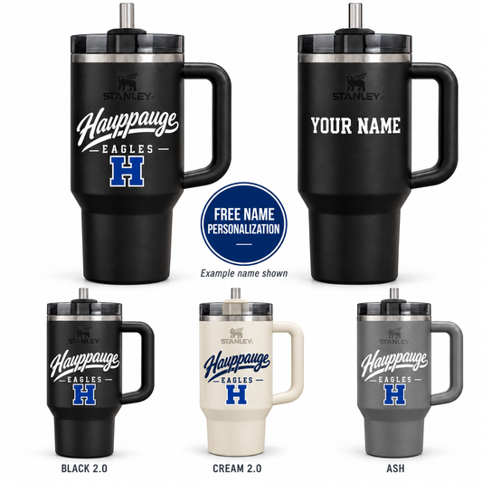 Hauppauge Eagles Stanley Quencher H2.0 40 oz Script Cup, Black 2.0, Cream 2.0, Ash, front design and YOUR NAME example
