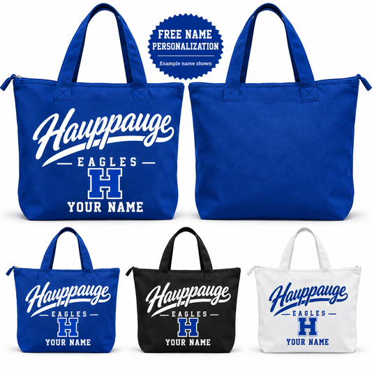 Hauppauge Eagles Script Large Zip Tote, Royal Blue, Black, White, front design and YOUR NAME example