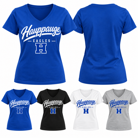 Hauppauge Eagles Women's Script V-Neck T-Shirt, Royal Blue, Black, White, Heather Gray