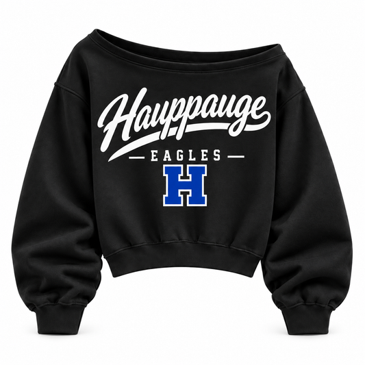 Hauppauge Eagles Women's Heritage Script Off-Shoulder Crop Sweatshirt single front view