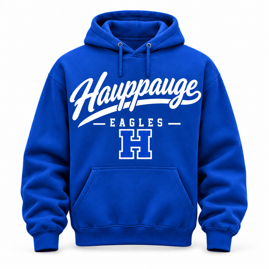 Hauppauge Eagles Signature Script Personalized Hoodie royal blue single front view