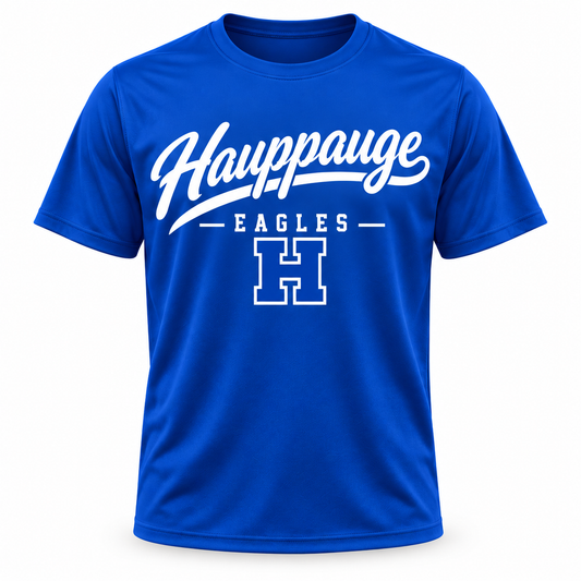 Hauppauge Eagles Script Performance T-Shirt single front view