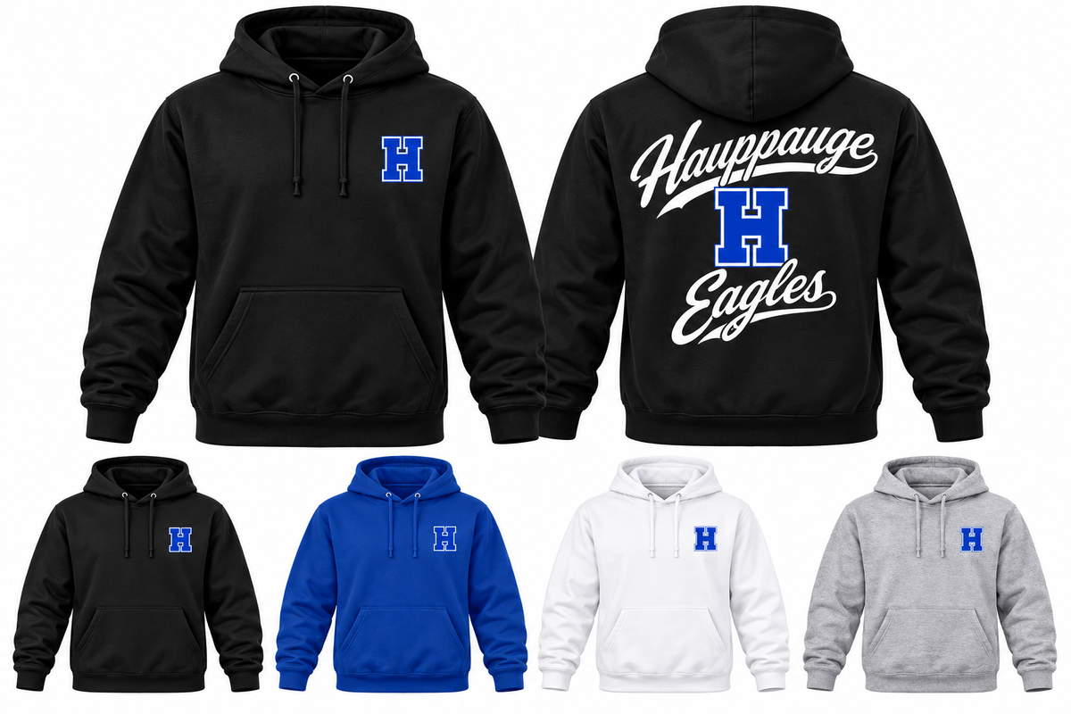 Hauppauge Eagles Youth Stacked Script Front & Back Hoodie, Black, Royal Blue, White, Heather Gray