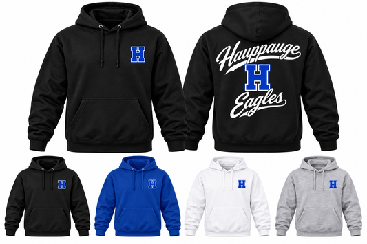 Hauppauge Eagles Youth Stacked Script Front & Back Hoodie, Black, Royal Blue, White, Heather Gray
