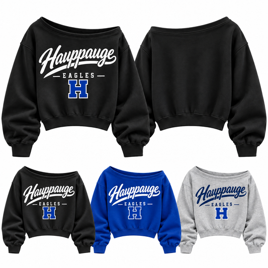 Hauppauge Eagles women's off-shoulder cropped sweatshirt in black, royal blue and heather gray