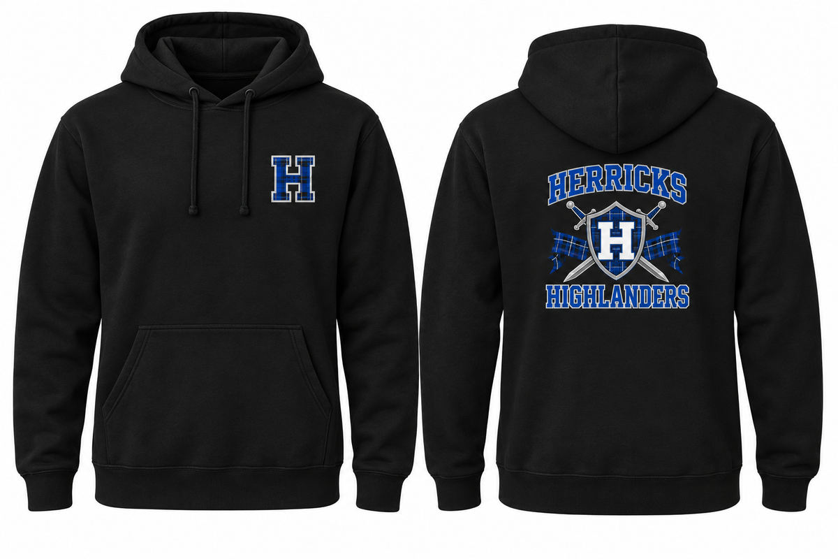 HERRICKS HIGHLANDERS black hoodie front and back