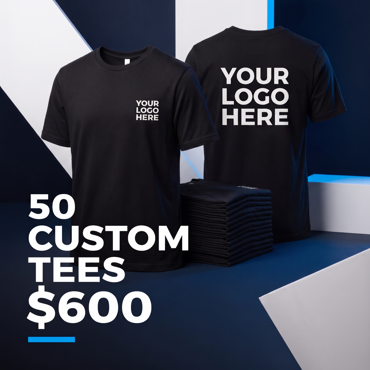 50 custom tees business bundle — front and back logo placement — $600