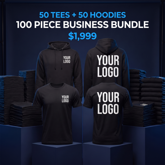 50 tees and 50 hoodies business bundle — front and back logo placement — $1,999